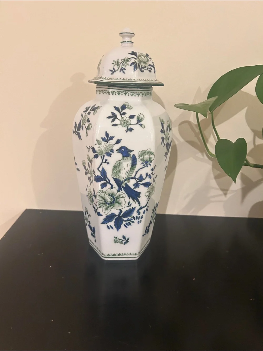 White Porcelain Vase/ ginger jar with Blue and Green Bird Motif.